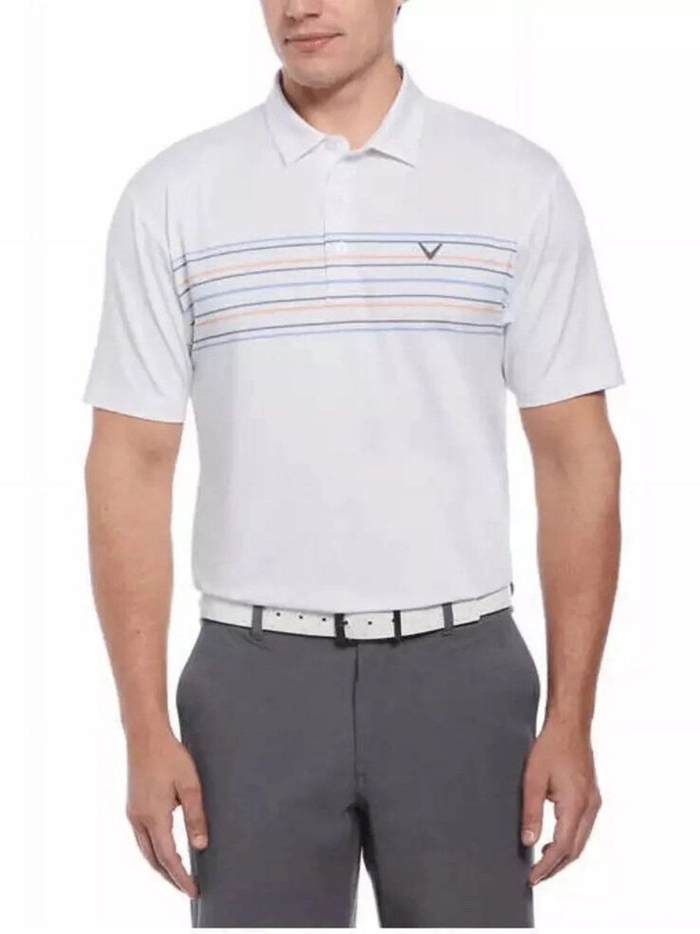Callaway White Polo with Multicolor Chest Stripes